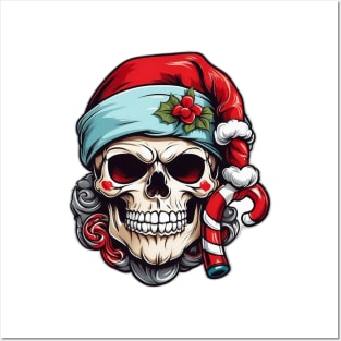 Santa Hat wearing Skull with Candy Canes Posters and Art